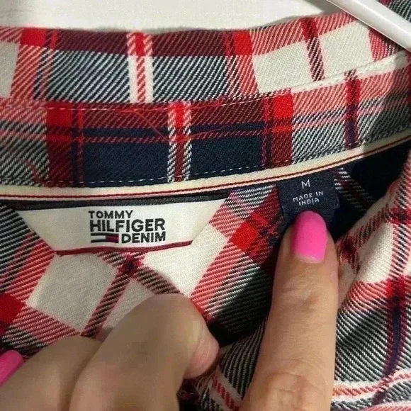 Tommy Hilfiger Denim plaid/flannel like dress Size Medium Blue/Red/White. Belted - Picture 3 of 13